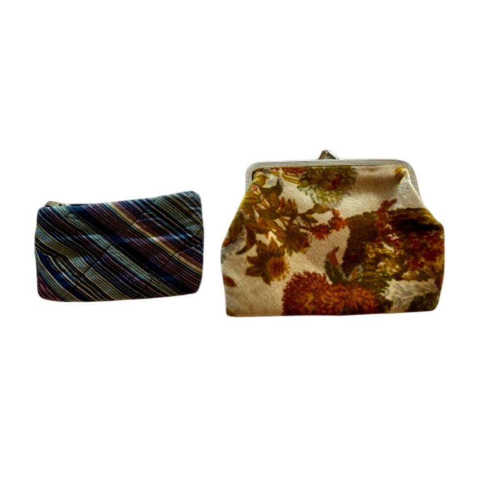 Vintage Tapestey Kiss Lock Pouch Coin Purse and Striped Zip Top Coin Purse Lot 2